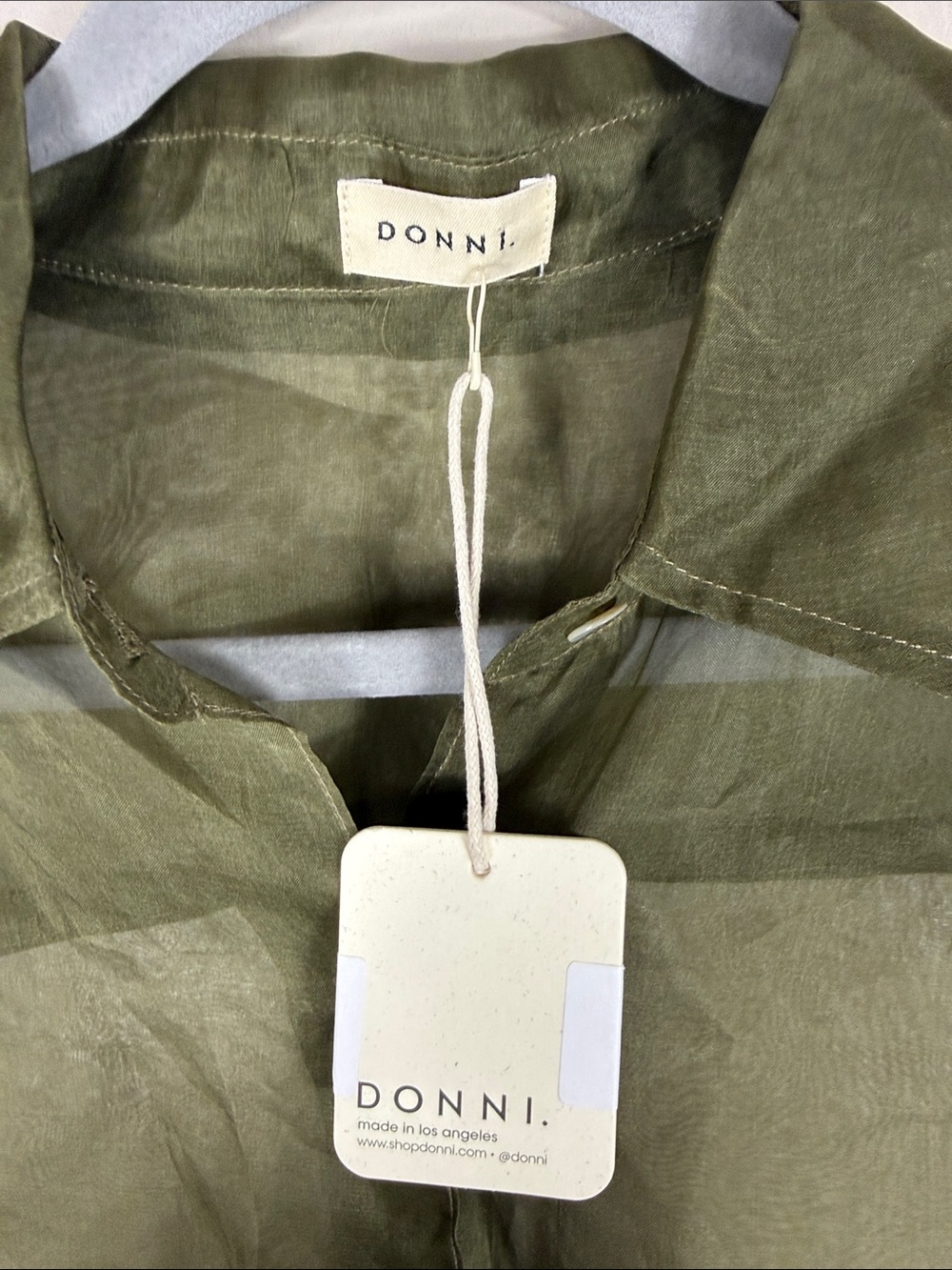 Donni. Sheer Button Down Shirt Top Silk Organza Olive - Picture 3 of 6